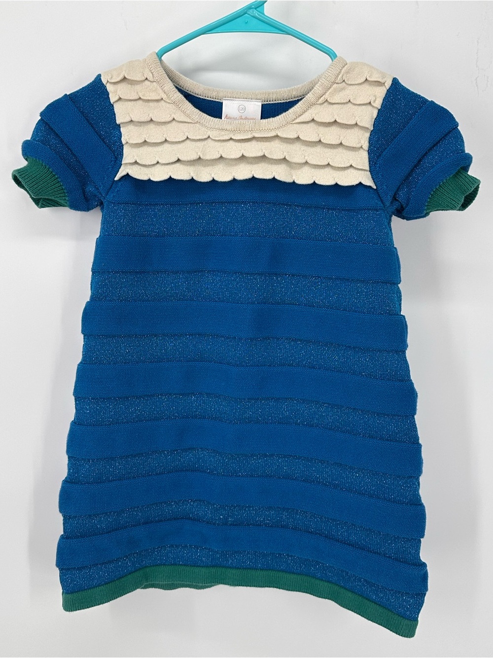 Hanna Anderson Metallic Scalloped Short Sleeve Sweater Dress Blue Ivory Sz 120